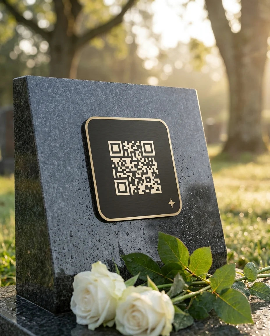 Lumestone plaque on a granite headstone with white roses