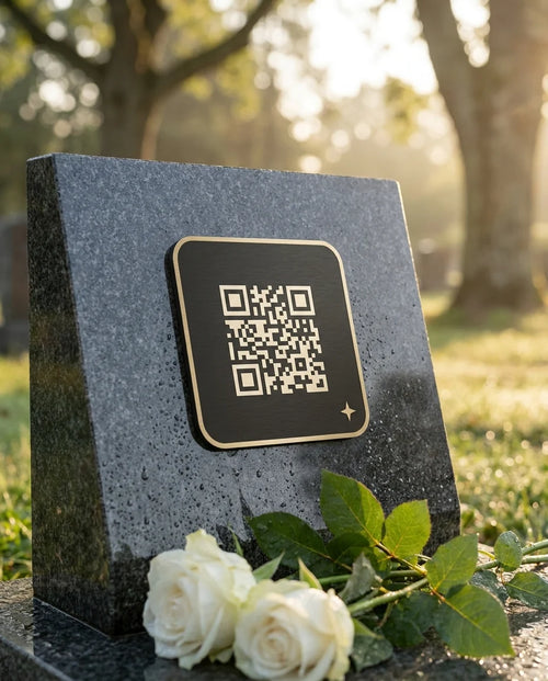 Lumestone plaque on a granite headstone with white roses