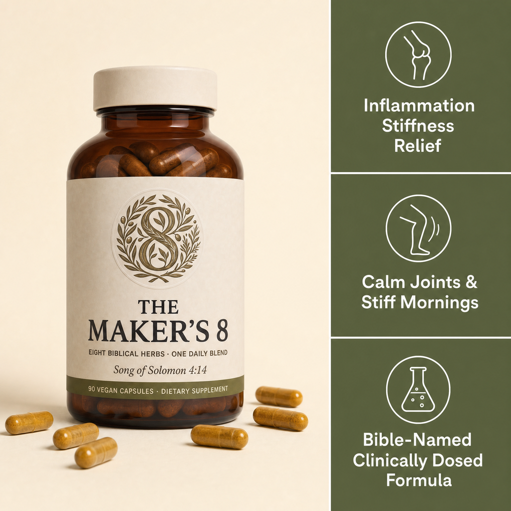 The Maker's 8 — Hero + USP panels (Inflammation, Stiffness Relief; Bible-Named, Clinically Dosed)