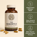 The Maker's 8 — Hero + USP panels (Inflammation, Stiffness Relief; Bible-Named, Clinically Dosed)