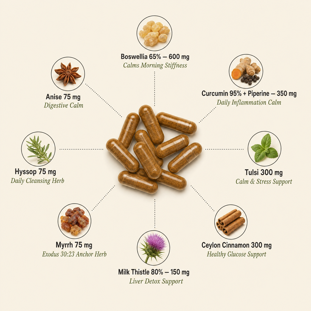 The 8 Biblical Herbs — Boswellia leads, Curcumin + Piperine, Tulsi, Cinnamon, Milk Thistle, Myrrh, Hyssop, Anise