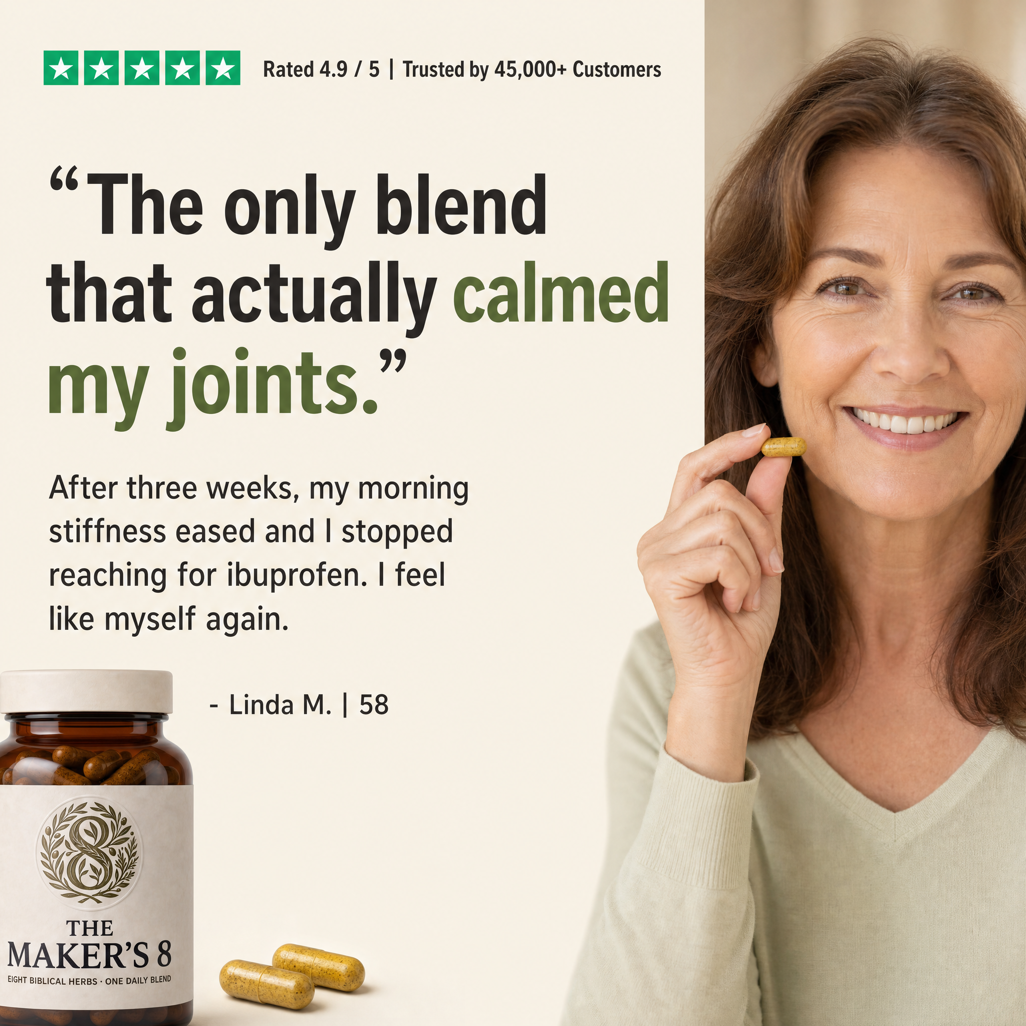 Customer Testimonial — Linda M., 58 — The only blend that actually calmed my joints