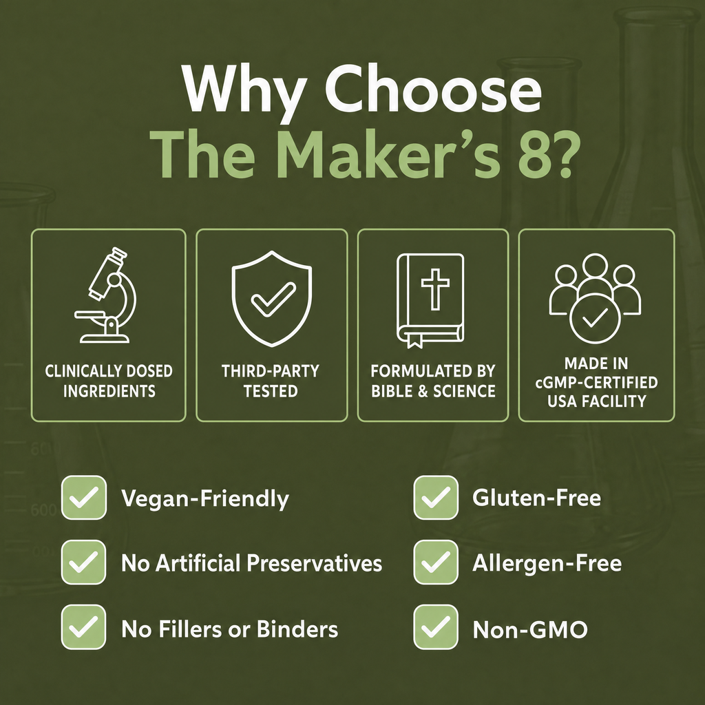 Why Choose The Maker's 8 — Clinically Dosed, Third-Party Tested, Bible & Science, cGMP USA