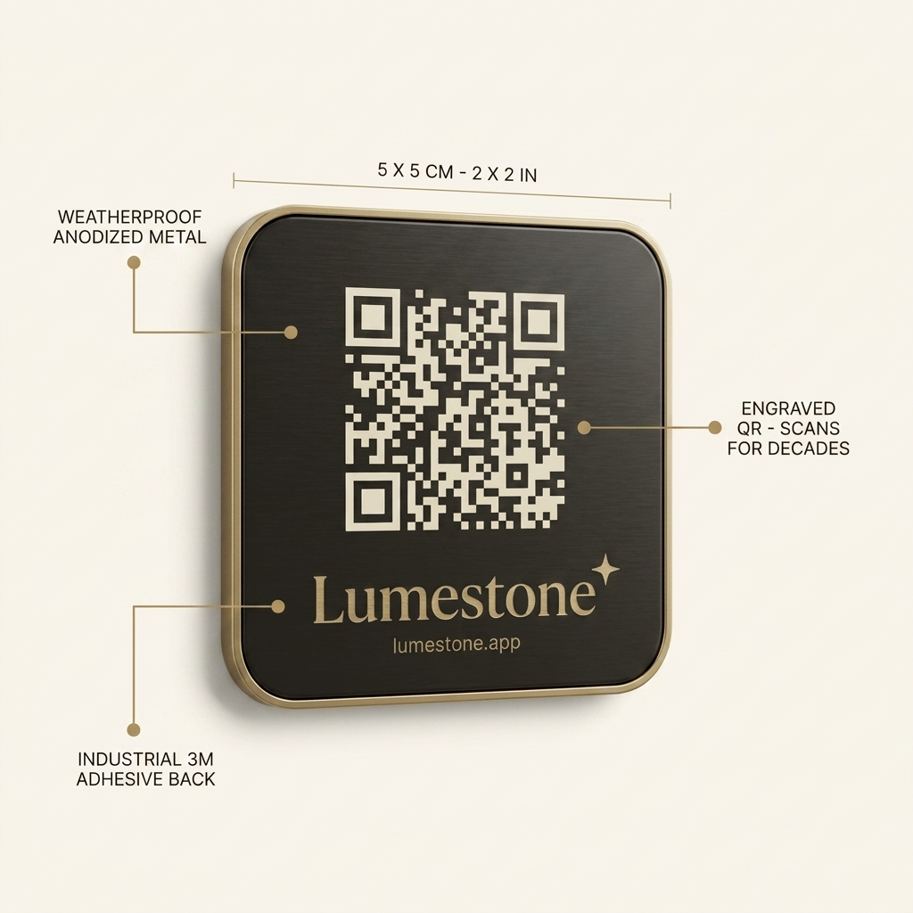 Weatherproof anodized metal, engraved QR, 3M adhesive back, 5 x 5 cm