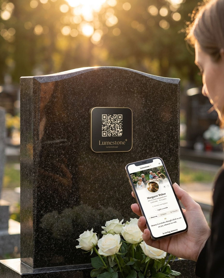 A visitor scans the small Lumestone plaque and the memorial opens on her phone