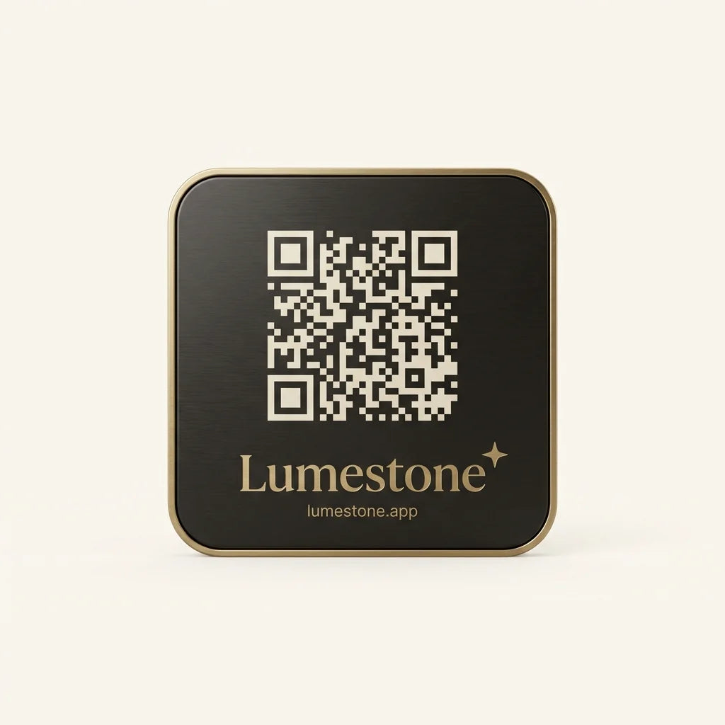 Lumestone QR memorial plaque — engraved anodized metal with brass frame