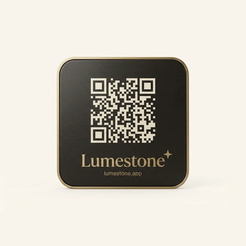 Lumestone QR memorial plaque — engraved anodized metal with brass frame